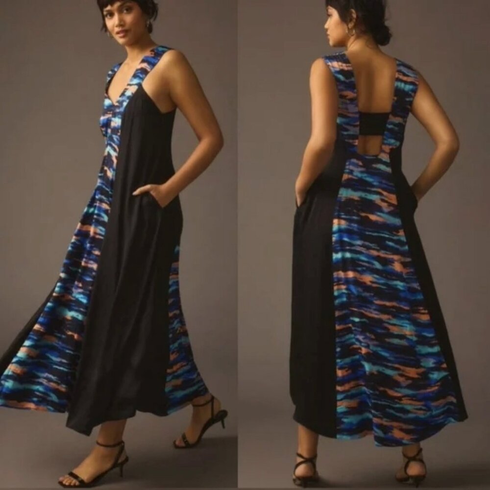 NWT Anthropologie Maeve Silky Black & Watercolor Maxi Dress